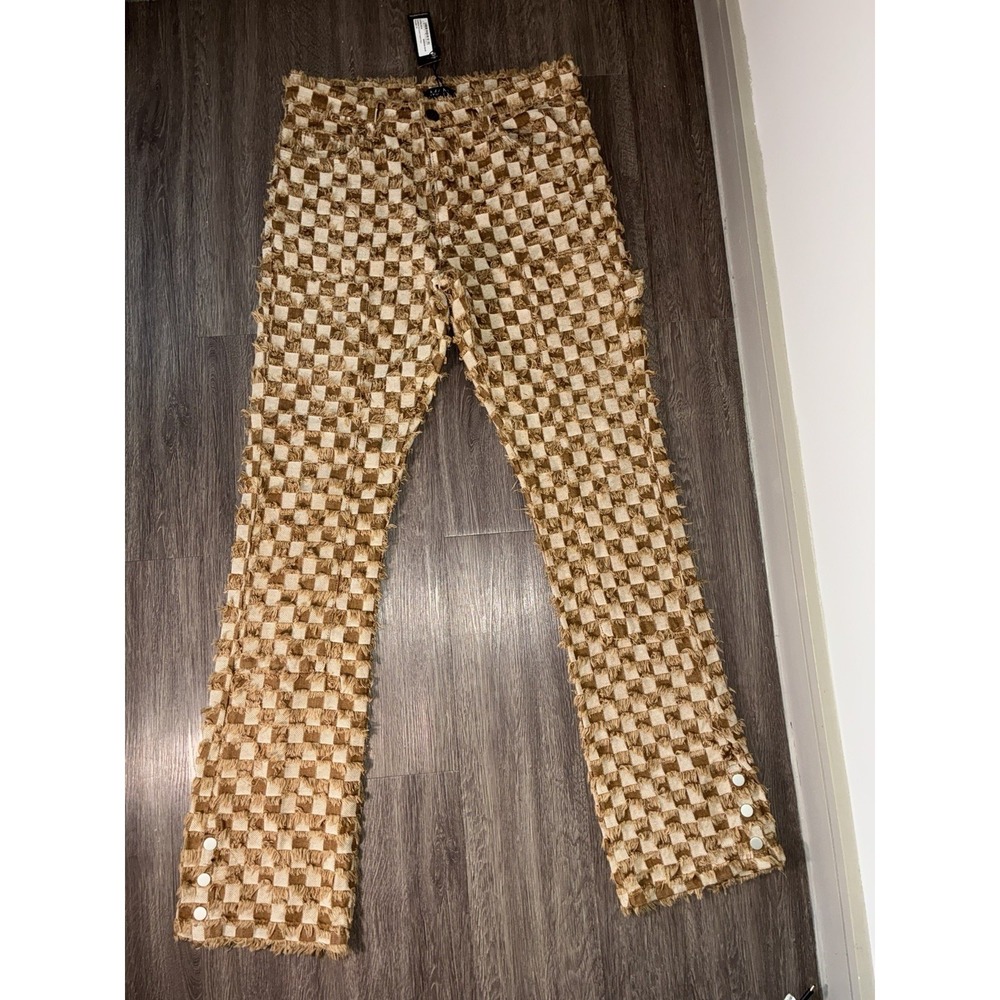 Y2K Flare Pants Checked Tapestry Streetwear Snap Button Hem Brown 30